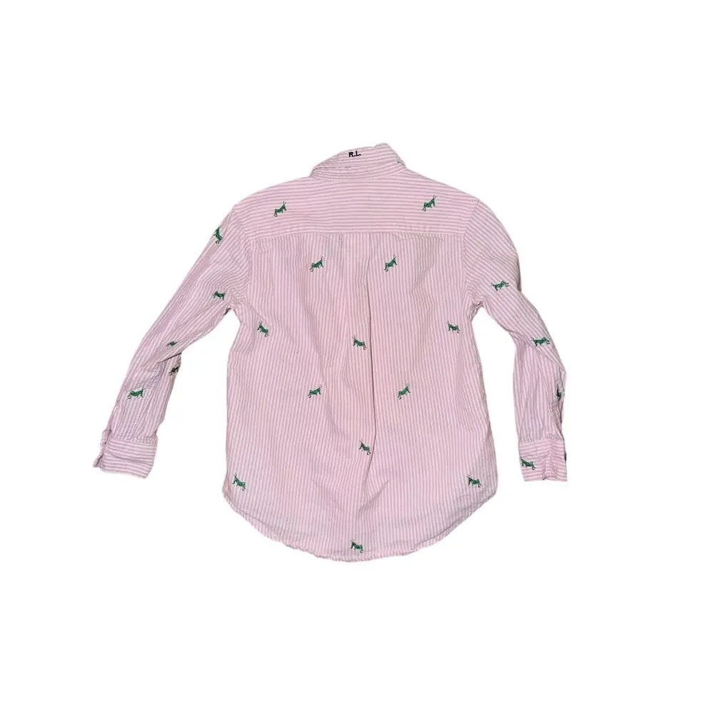 Ralph Lauren pink stripe button front long sleeve shirt embroider grasshoppers